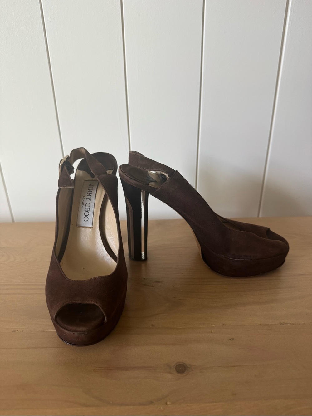 Jimmy Choo Brown Suede Peep-Toe Platform Slingback Heels